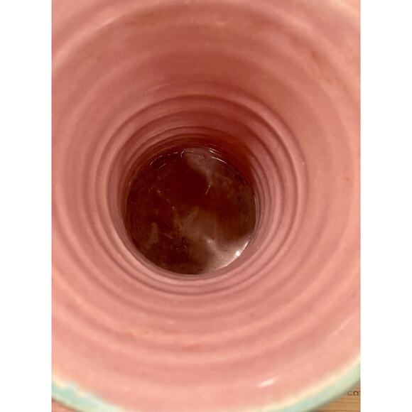 Pisgah Forest Pottery 1950's Trumpet 6.75" Tall Turquoise Gold Vase with Pink - Picture 14 of 14